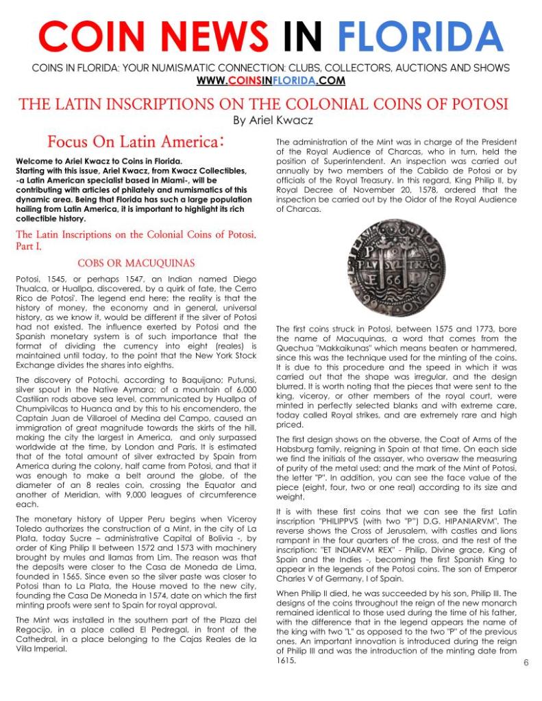 The Latin American Inscriptions of the Colonials Coins on Potosi by Ariel Kwacz. Coins in Florida. www.coinsinflorida.com 