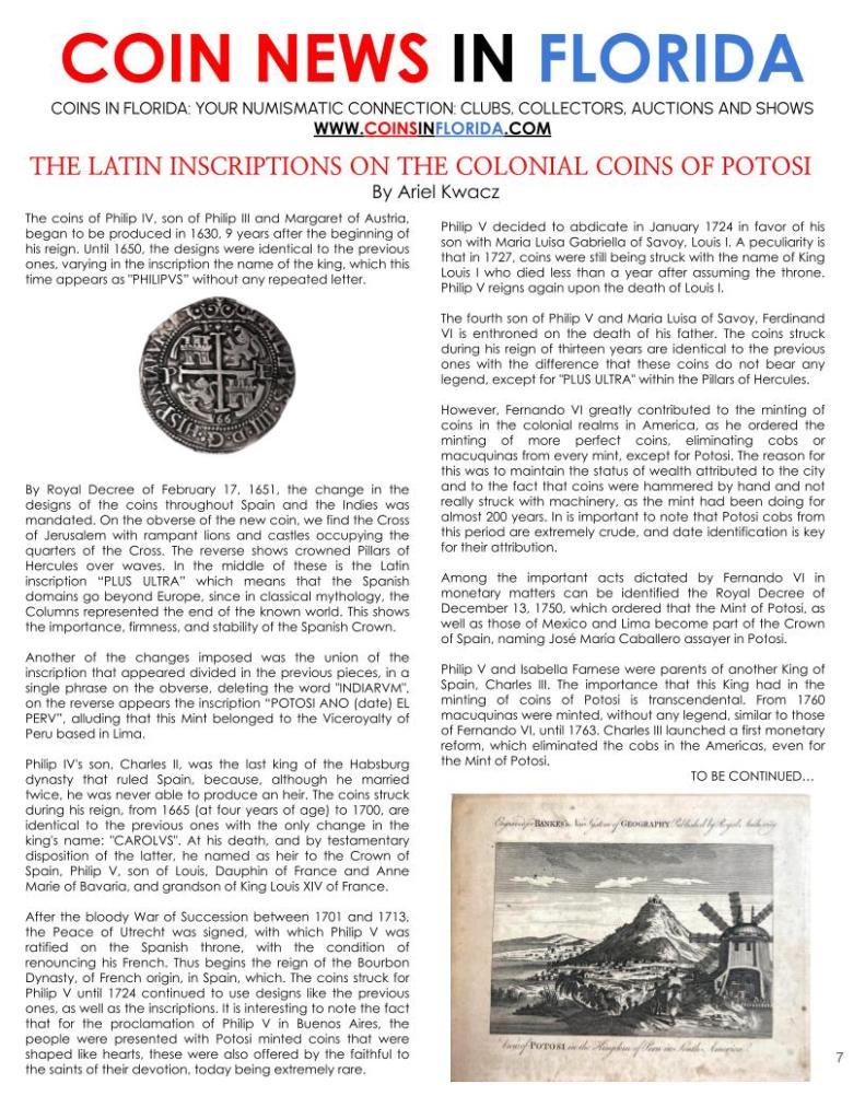 The Latin American Inscriptions of the Colonials Coins on Potosi by Ariel Kwacz. Coins in Florida. www.coinsinflorida.com 